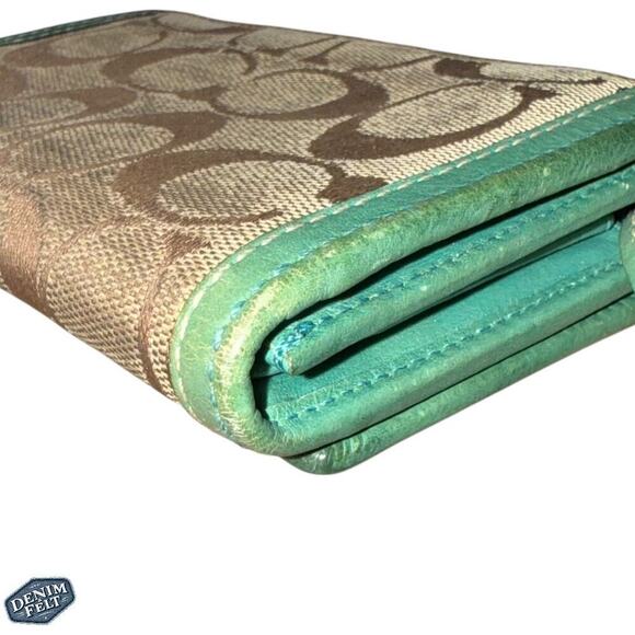 Coach Vintage Signature Canvas & Leather Trim Wallet Green/Brown Trifold - Picture 3 of 12